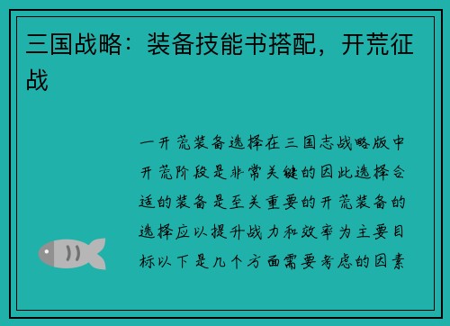 三国战略：装备技能书搭配，开荒征战